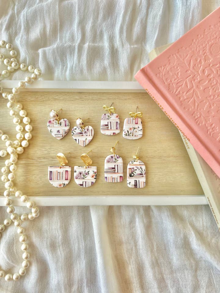 Bookshelf Earrings, Book Clay Earrings, Book Heart Earrings for wholesale by SeizeTheClayJewelry