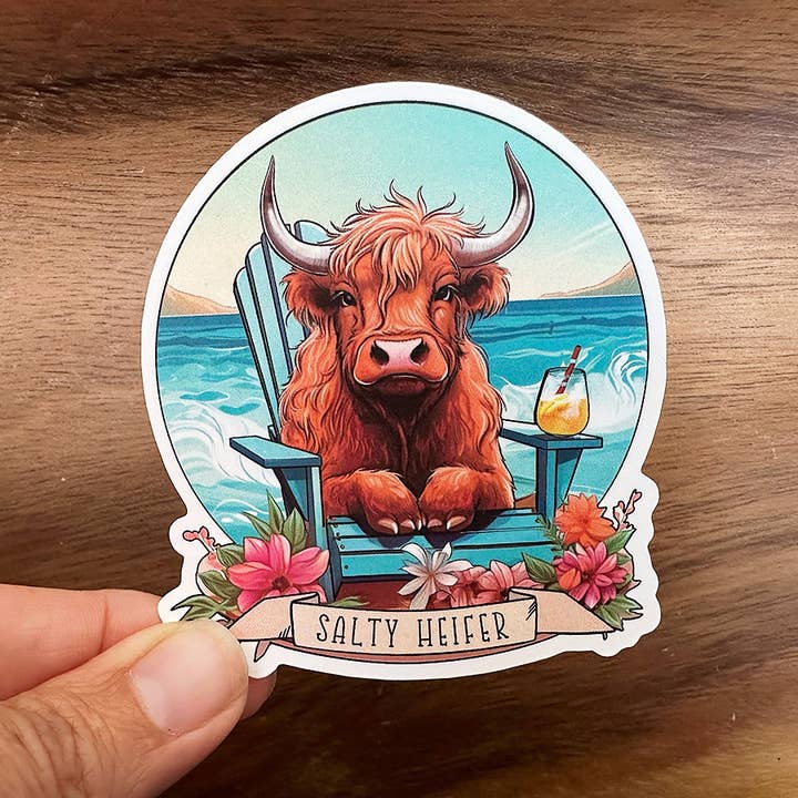 Salty Heifer on the Beach | Highland Cow | Funny Sticker for wholesale by Missional Merch