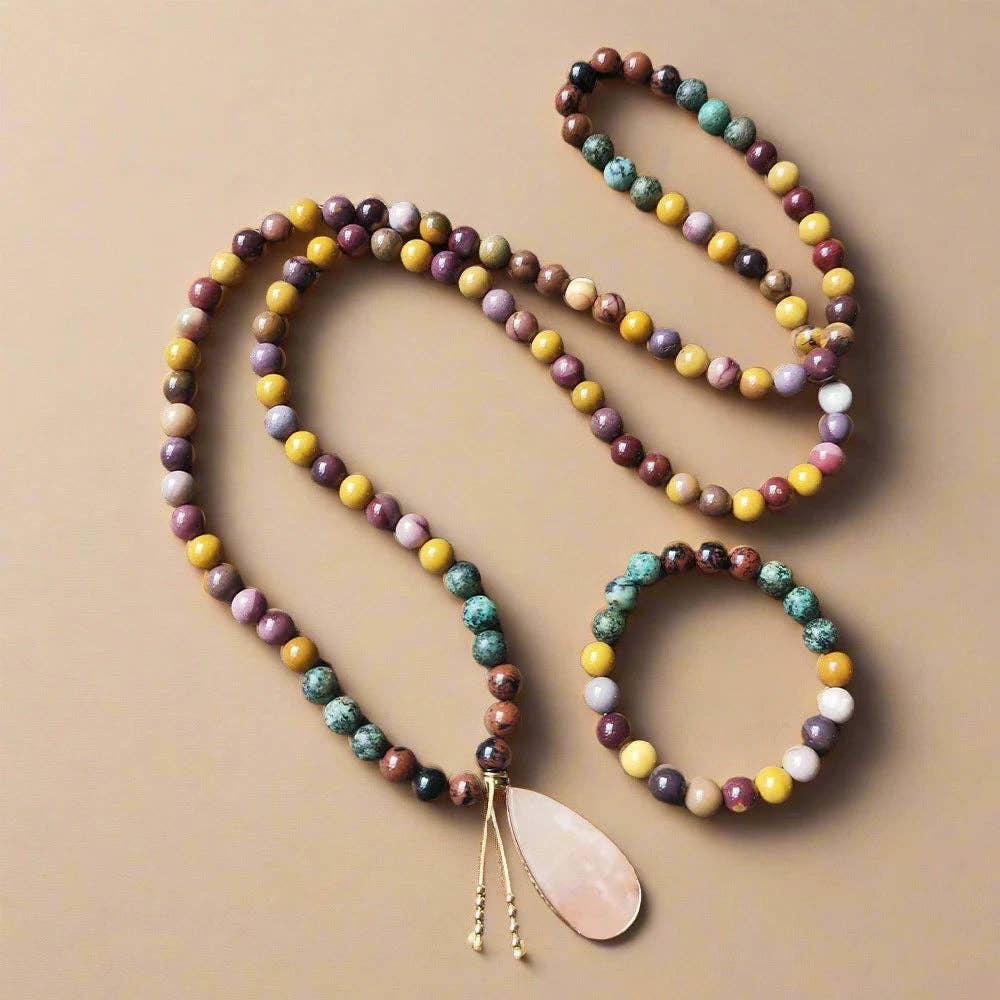 Harmony Mala - Vente Collier de prière en perles - Collier mala en Mookaïte et turquoise africaine avec pendentif7