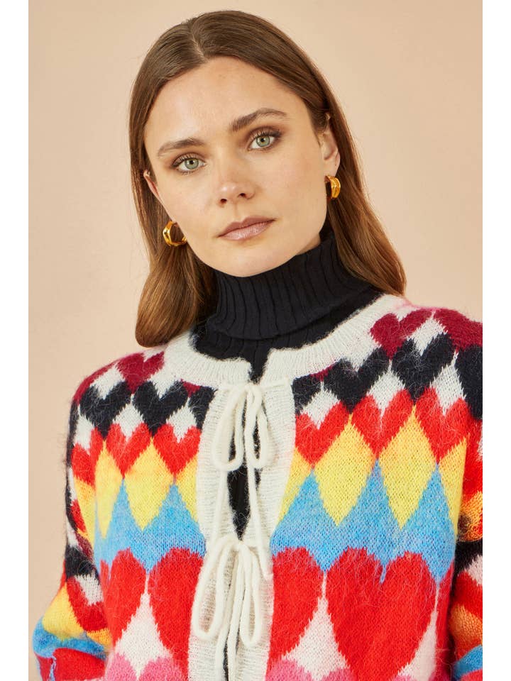 Multi Yumi Multicolour Tie Front Heart Intarsia Cardigan for wholesale on Faire2