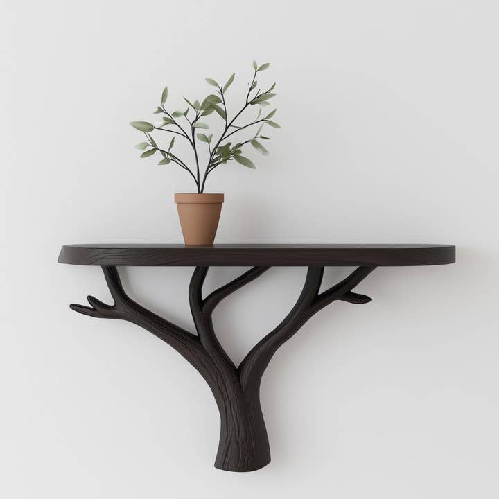 Væghylde i trægrensdesign | 3D-printet flydende hylde til planter | Naturinspireret dekoration | Moderne vægopbevaring | Minimalistisk planteholder for engroshandel hos Decords