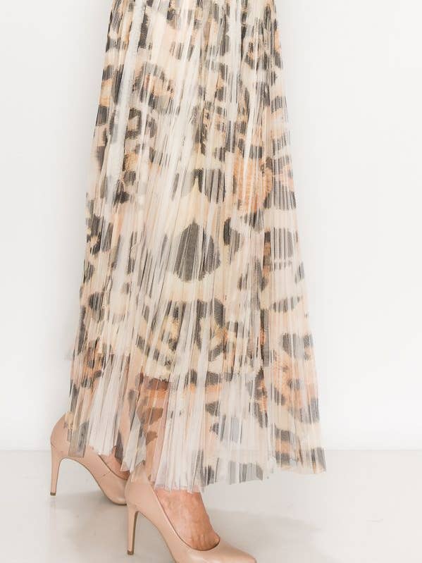 PT Leopard Chic Lined Pleated Tulle Midi Skirt With Elastic Waist - 4034BG/LEO for wholesale on Faire0