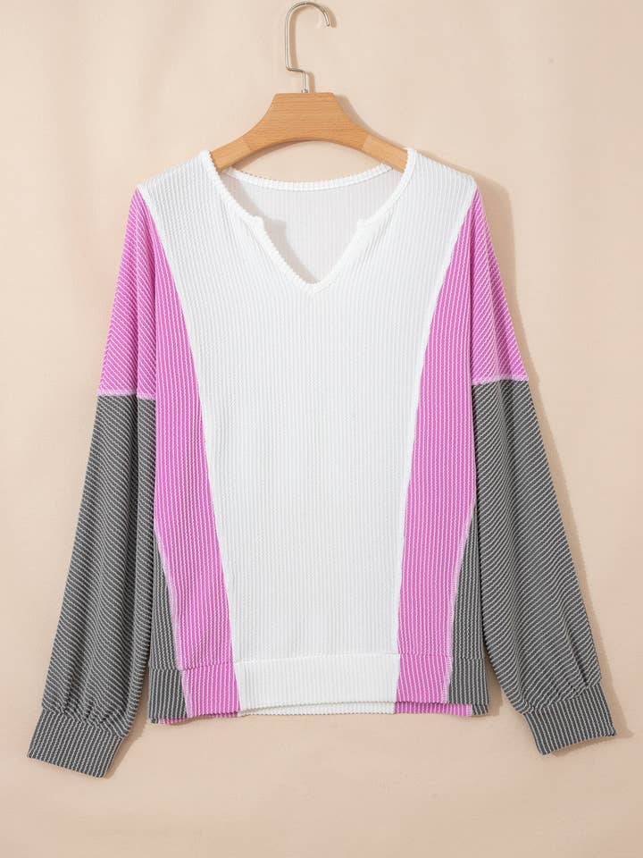 White Spiral Ribbed Raw Seam Color Block Patchwork Long Sleeve Top for wholesale by Sweet Lover Fashion