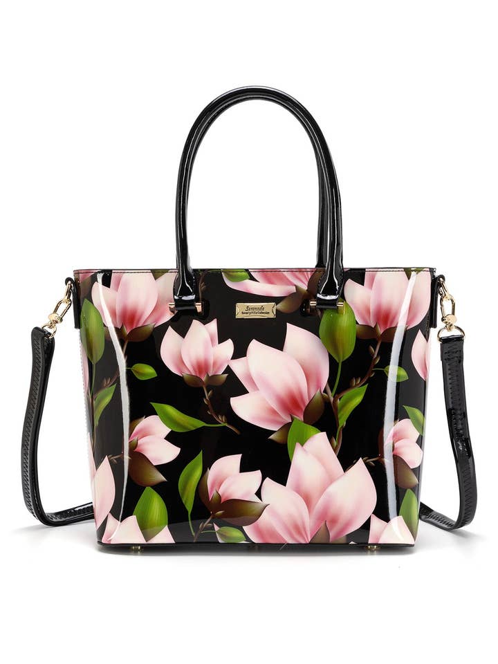 MAYUMI PATENT LEATHER FLORAL GRIP HANDLE BAG- SN76-8787 for wholesale by Serenade Beverly Hills Collection