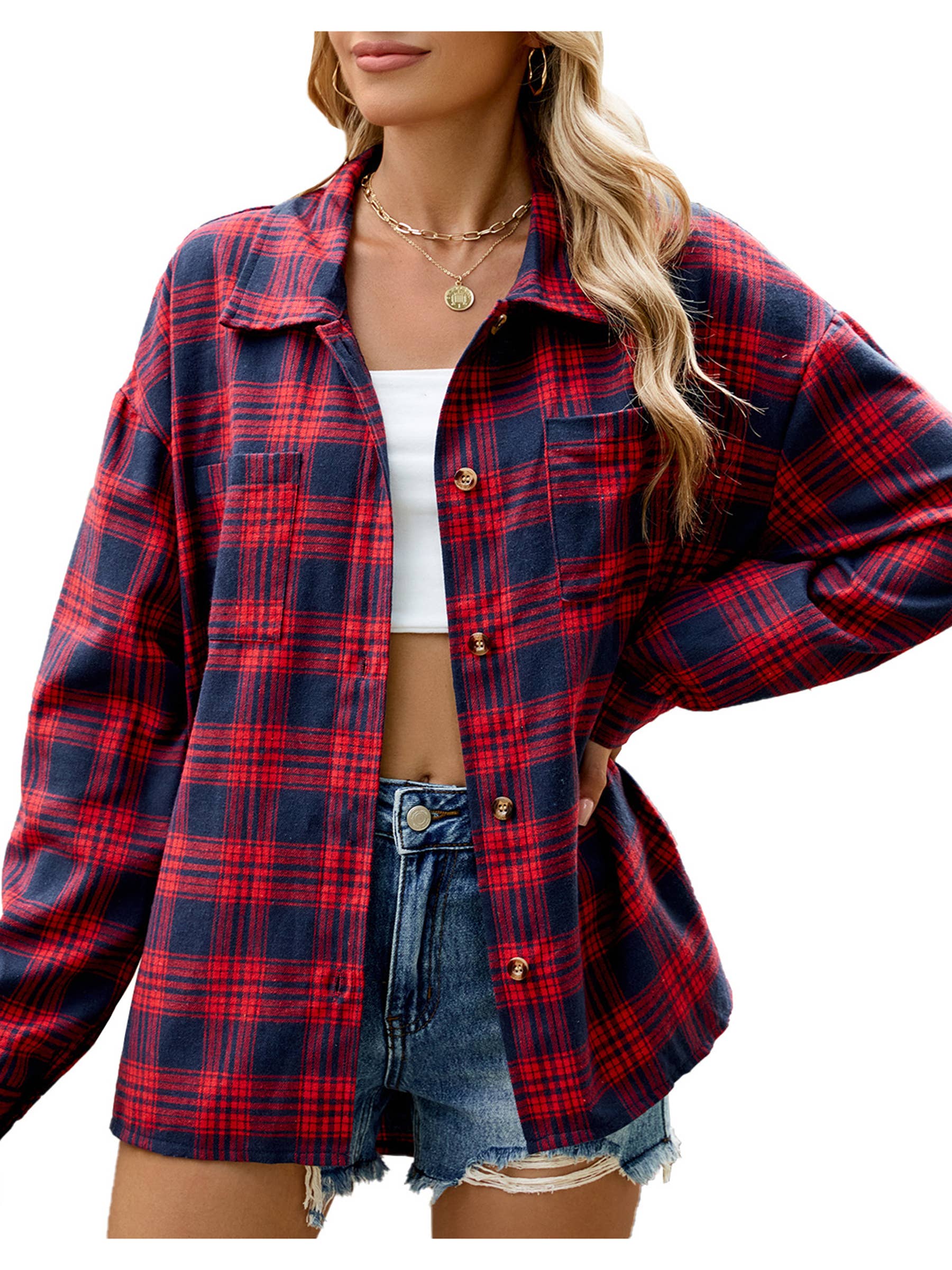 Wholesalesir - Wholesale Button Down Shirt - Women's - Collar Long Sleeved Pocket Button Checkered Top5