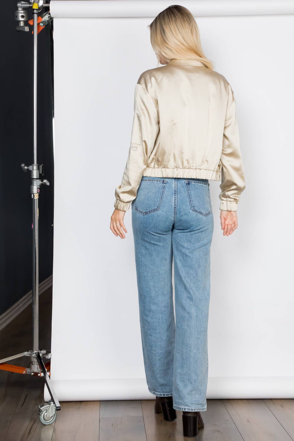 Champagne Elegance Satin Zip Up Bomber Jacket for wholesale on Faire5