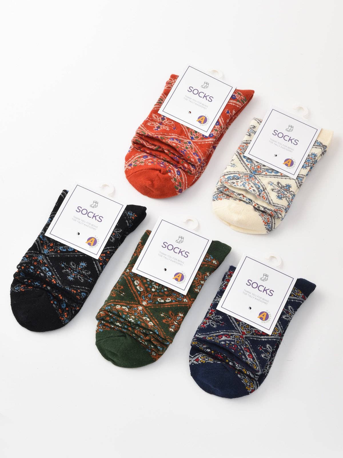 Funkyrel® Atzbranding Limited - Vendita all'ingrosso Calzini - Donna - Rufia - Calzini retrò a metà polpaccio con motivi floreali a rombi16