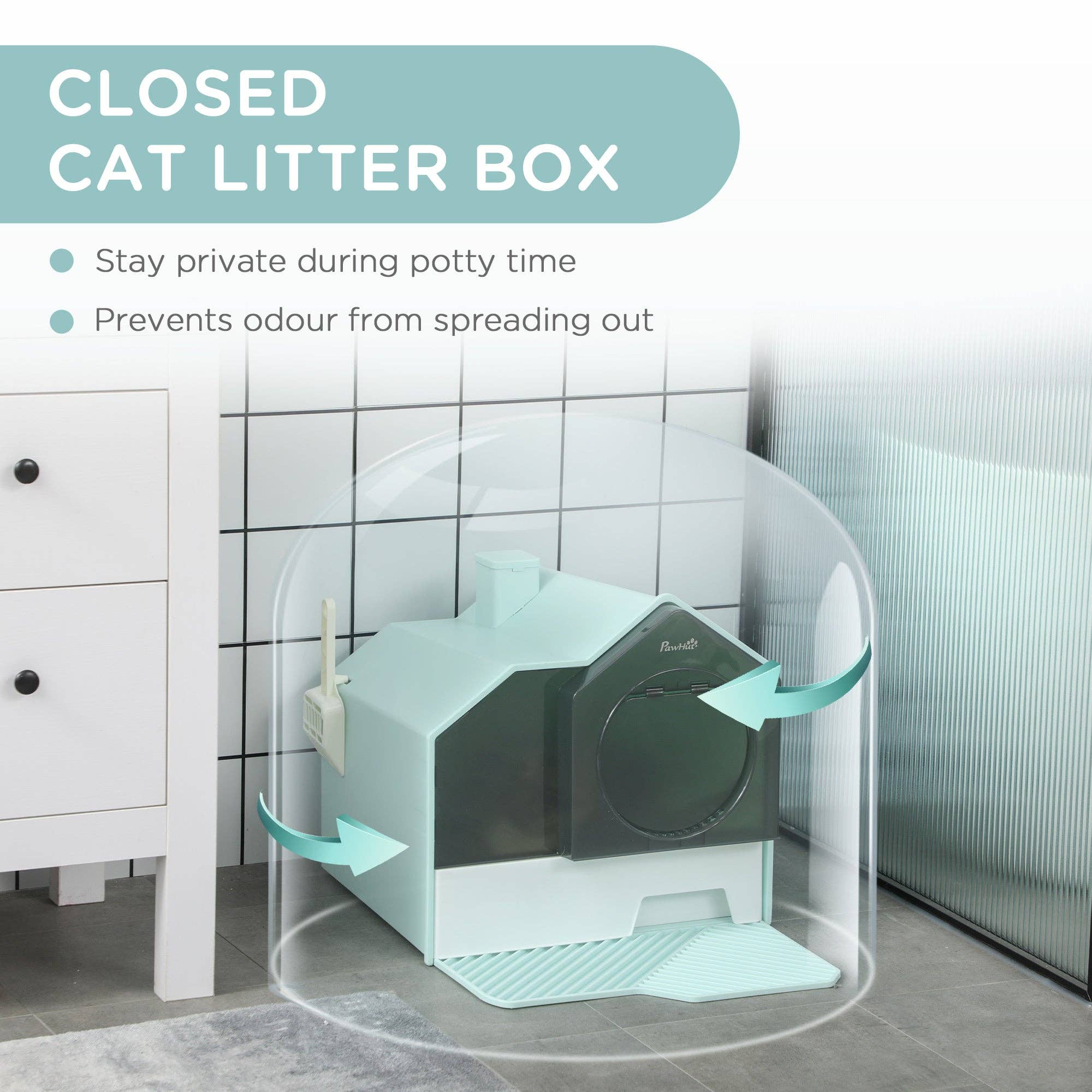 39F Inc. - Wholesale Cat Litter Box - PawHut Hooded Cat Litter Box - Light Blue, Mat/Drawer/Scoop5