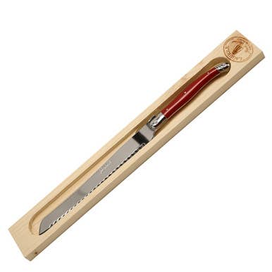 Jean Dubost Bread Knife with Red Handle in Wood Box for wholesale by The French Farm