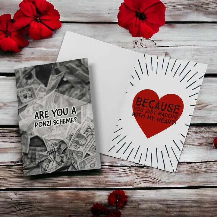 Divertente biglietto di San Valentino Ponzi Scheme Love Card per la vendita all'ingrosso da parte di Cardstalked