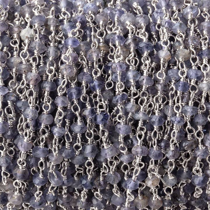 3mm Iolite faceted rondelle Silver Chain by the foot 36 pieces for wholesale by Beads of Cambay