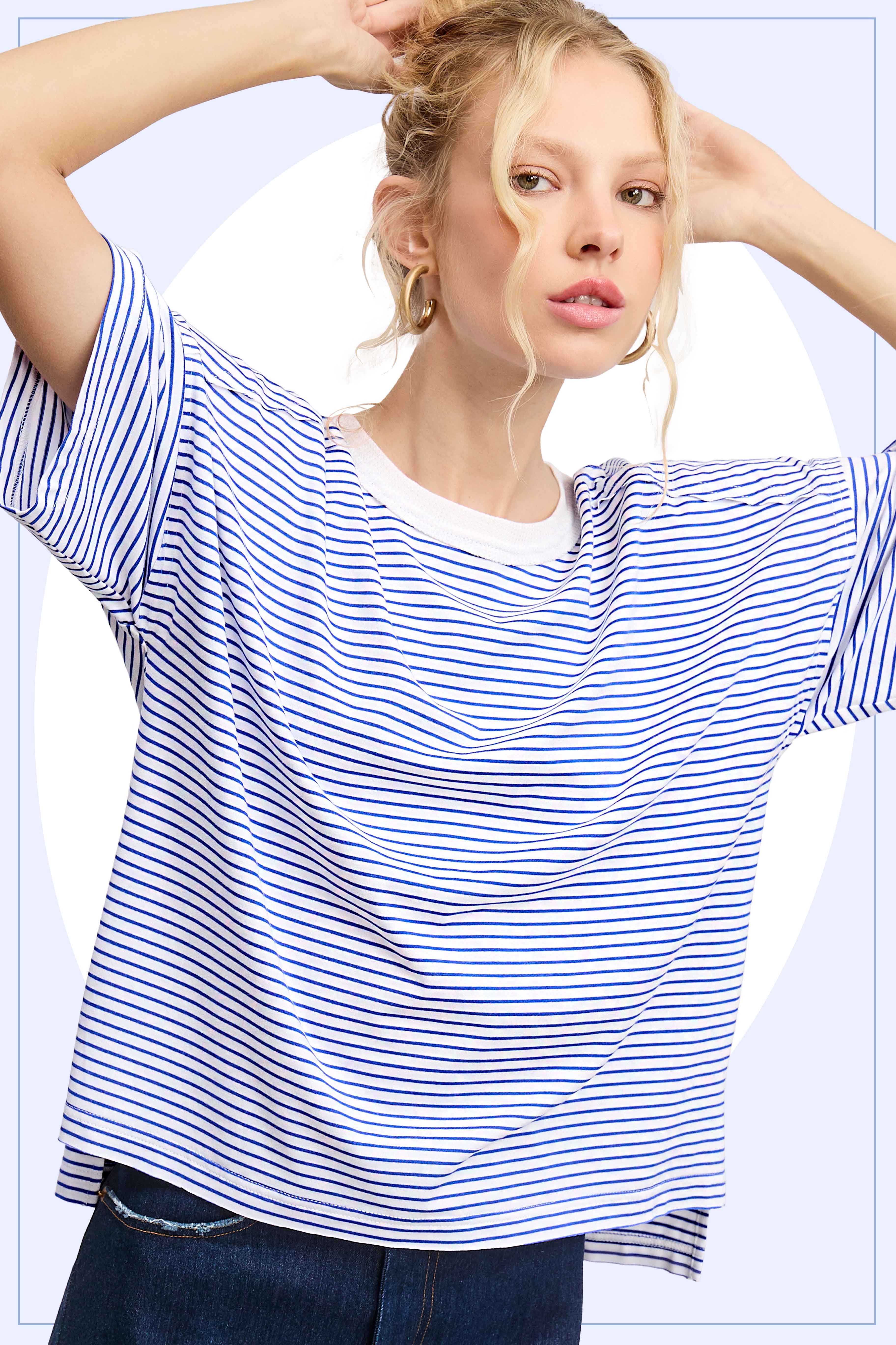 La Miel - Wholesale T-Shirt - Women's - HDT7703-Basic Striped Drop Shoulder Short Sleeves Top12