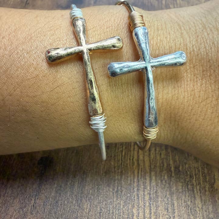 Two-tone Wire Wrapped Cross Bangle Bracelet for wholesale by Paco Designs