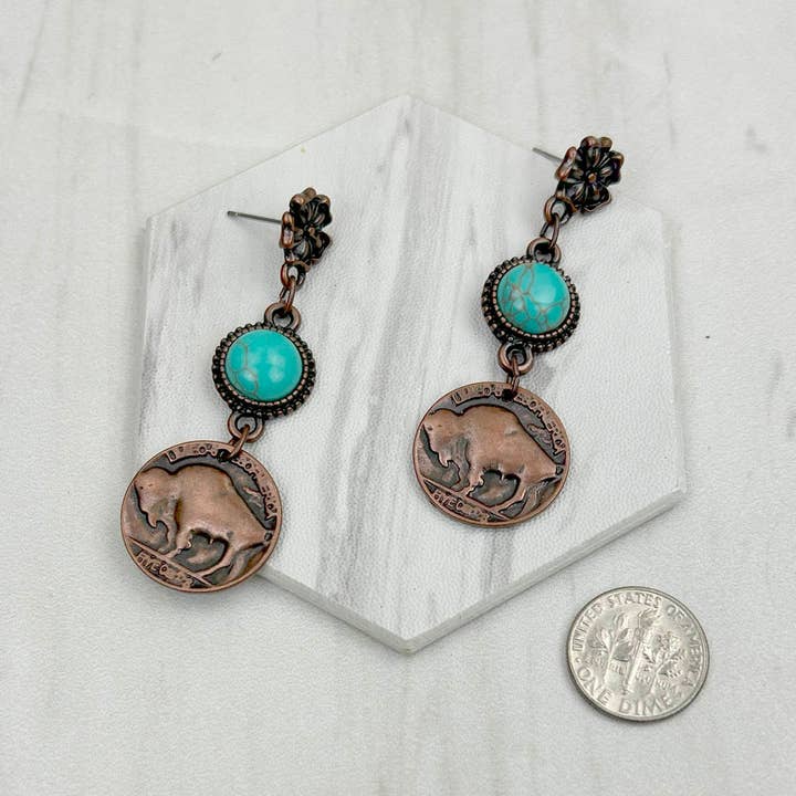 ERZ231205-56 Copper metal flower and buffalo concho with blue turquoise stone Earrings for wholesale by Western Elite Jewelry