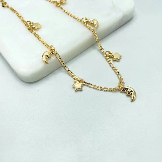 18k Gold Filled 2mm Figaro Chain, Dangle Puffed Stars & Half Moons Charms Linked Anklet, Wholesale for wholesale by Luxus Accessories