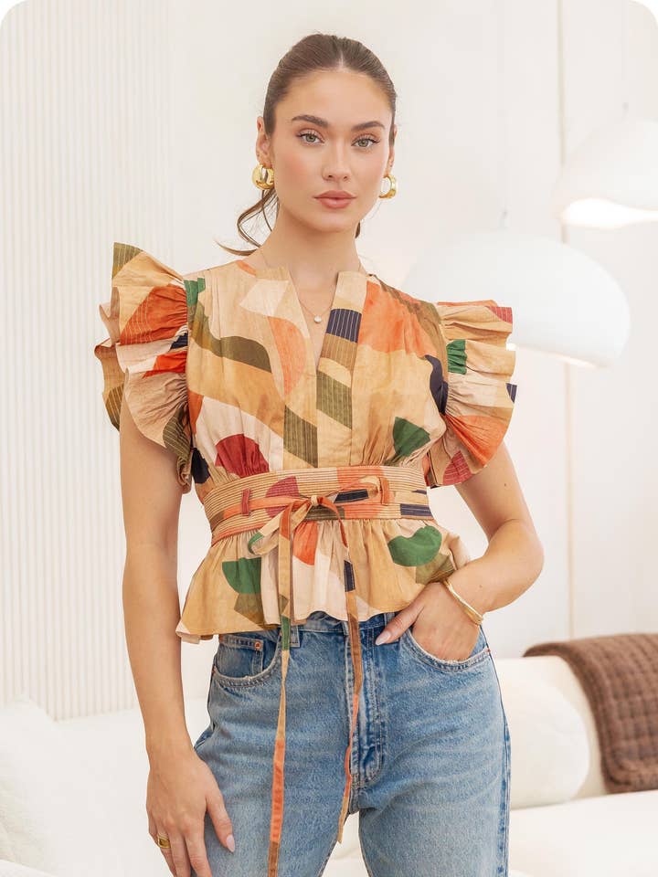 Geo Print Flutter Sleeve Peplum Poplin Top for wholesale by Strut & Bolt