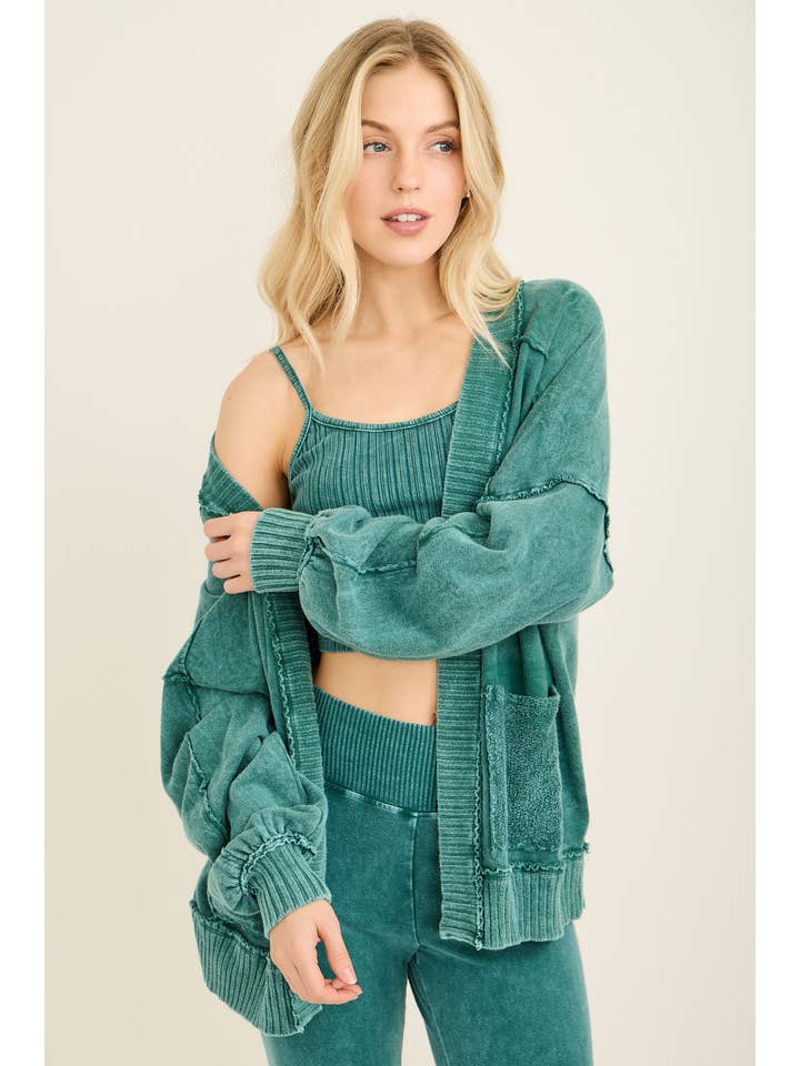 J.Her - Wholesale Cardigan - Women's - Mineral Washed Ribbed detail Midi Open Cardigan HT665817