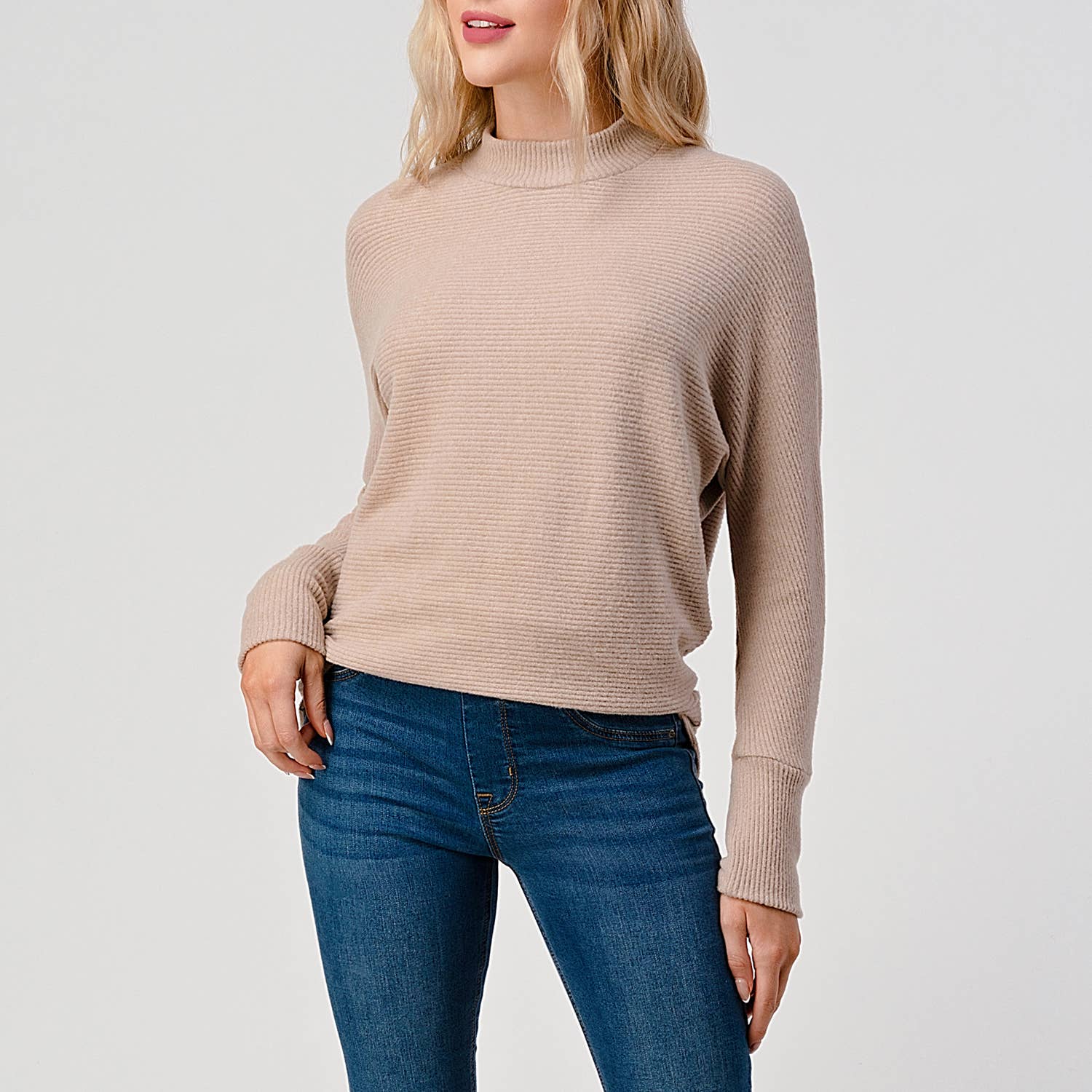 Heimious - Wholesale Knit Top - Women's - Mock Neck Long Dolman Sleeve Ribbed Knit Top, T26161