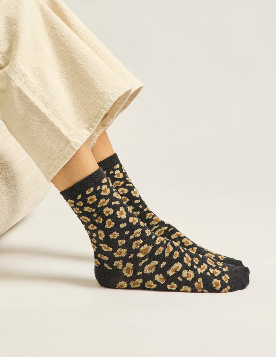 ODAJE - Vente Chaussettes – femme - Pack de 3 Chaussettes - Fantaisie paillettes et léopard noir doré1