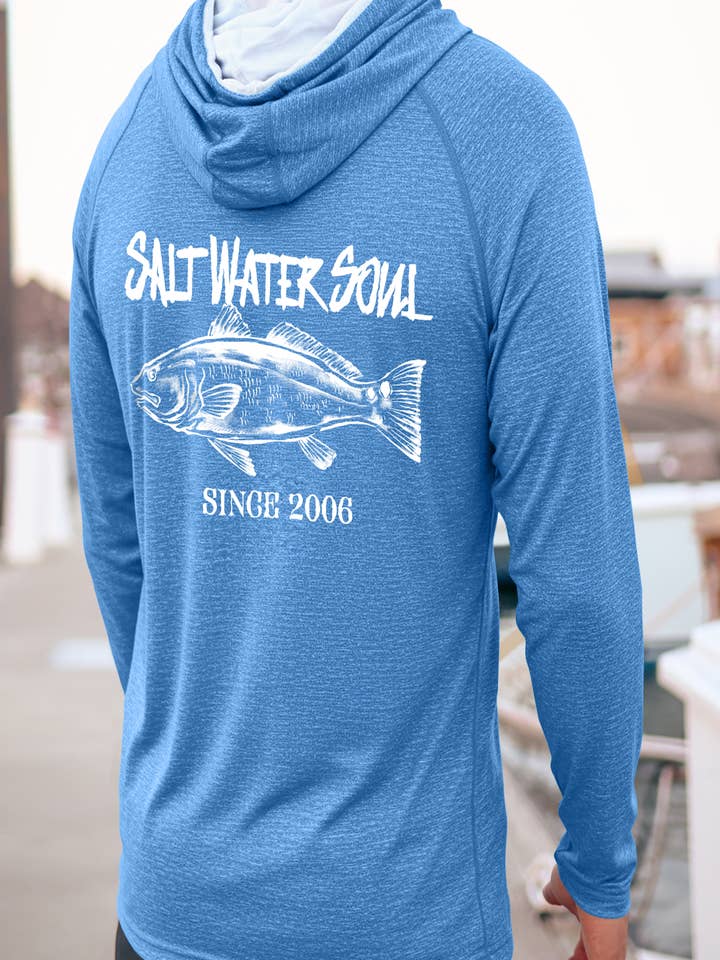 SALT WATER SOUL - Wholesale Hoodie – Men's - Light Blue - Redfish Classic Performance Hoodie