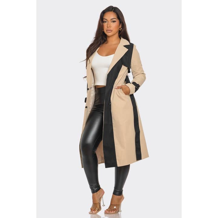 BEIGE BLACK ELEGANTLY EDGED COLOR BLOCK TRENCH COAT for wholesale on Faire