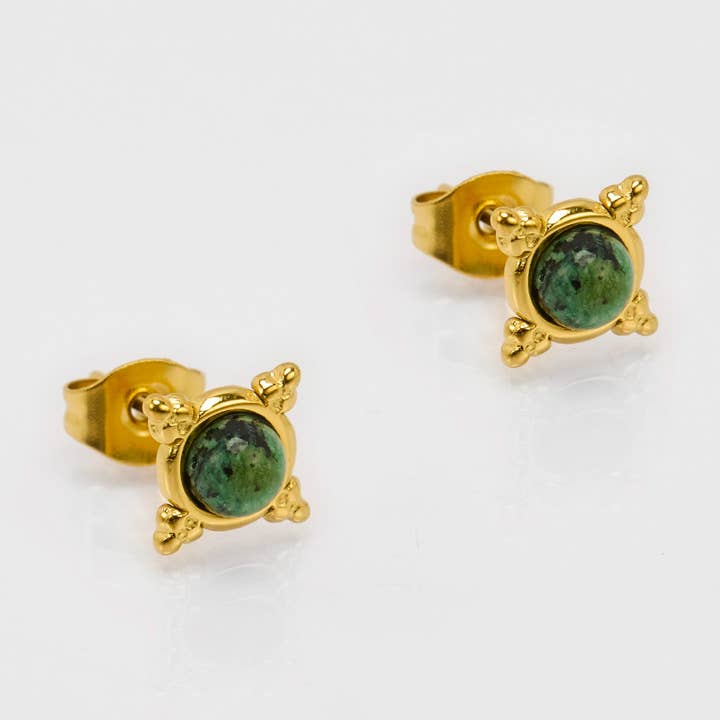 Gold diamond-shaped studs with natural turquoise stone for wholesale by By Sookay