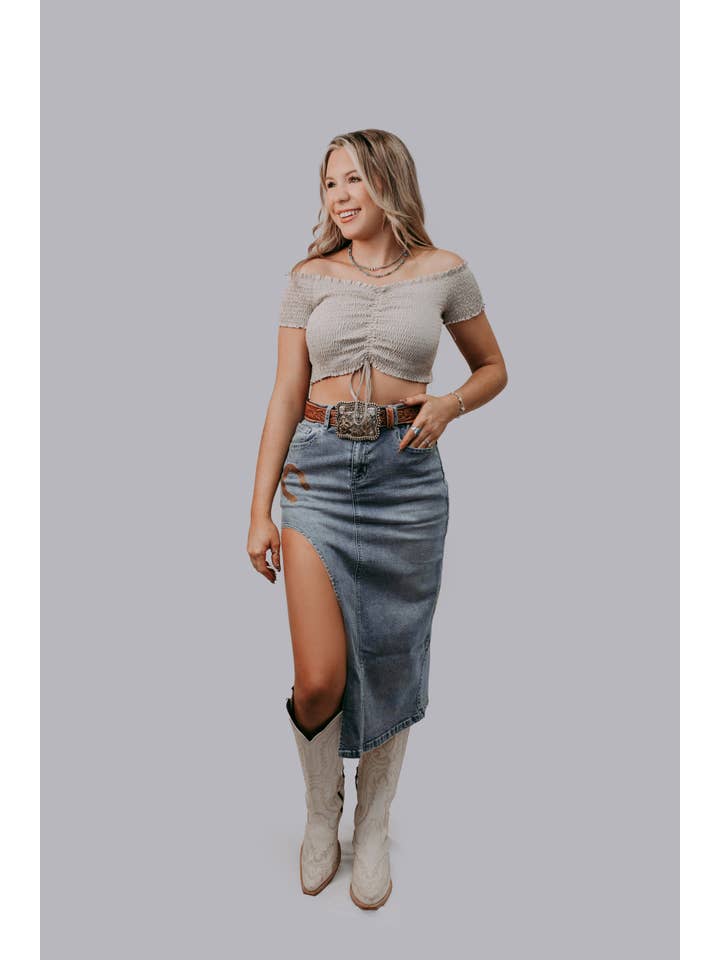 Taupe MK662 Front Tie Off Should Crop Top for wholesale on Faire