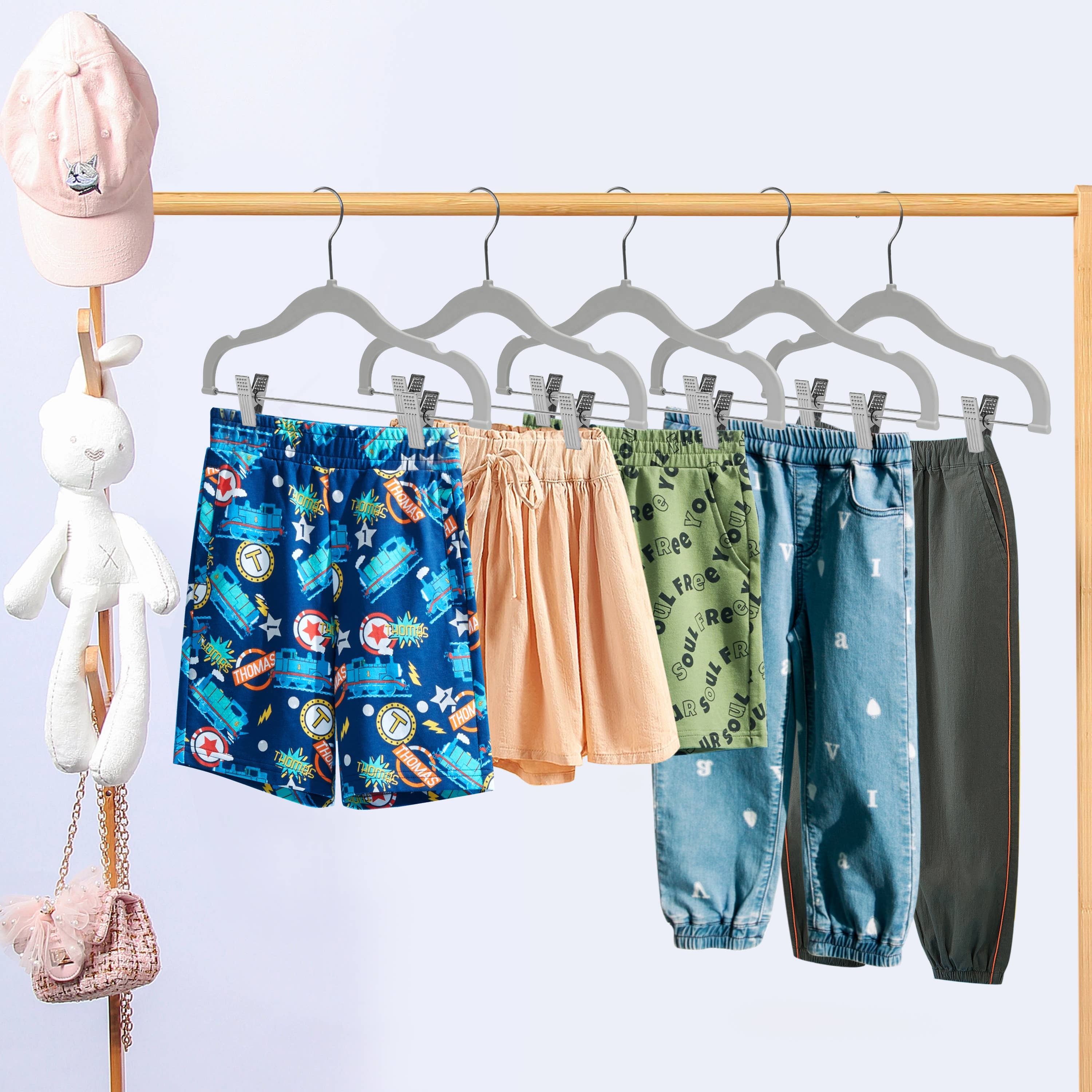 Quality Hangers – wholesale Clothes hangers – PL063 - 13.5" Kids Plastic Skirt Hangers with Clips - Gray6