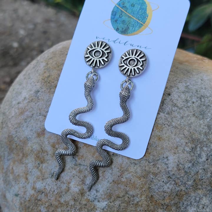 Snake Eyes Earrings in Antiqued Silver - Halloween, Goth for wholesale by Verdilune