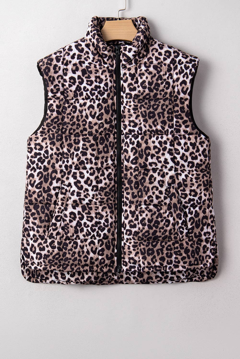 Brown Leopard Quilted Full Zipper Casual Puff Vest | S-XL  for wholesale on Faire1