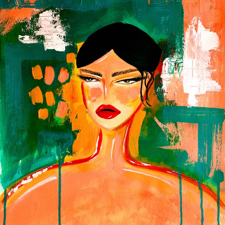 Green and Orange Abstract Woman Art Print for wholesale by Aim Straley Art