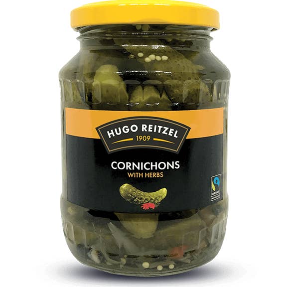Hugo-reitzel – wholesale Pickled vegetables – FairTrade  Premium Cornichons HERBS 370ml0