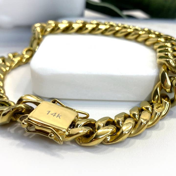 DIJU Jewelry – Engroshandel Armbånd med led og kæde – 14mm Miami Cuban Link armbånd i 14 k guld fyldt med dobbelt sikkerhed lås boks lås, Unisex bremse kæde, engros smykker Supplies