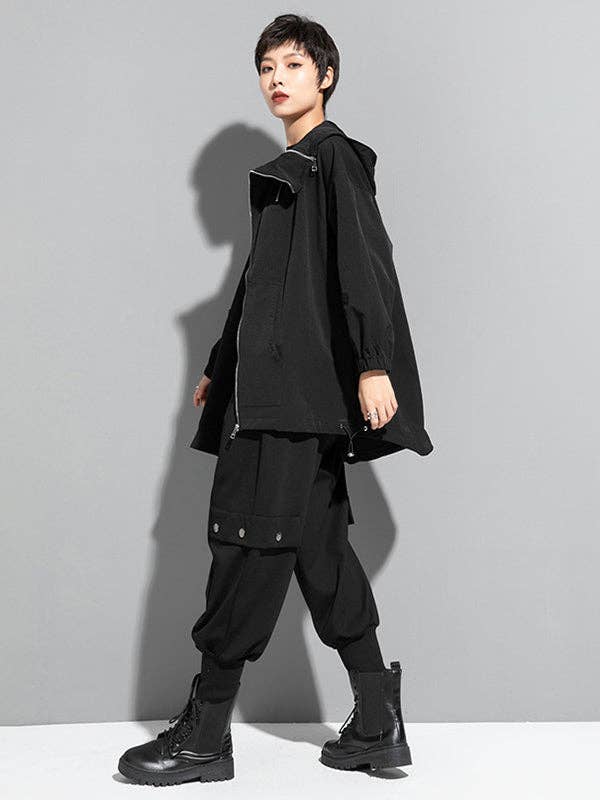 BLACK Fashion Irregularity Loose Solid Color Zipper Hooded Outerwear for wholesale on Faire15