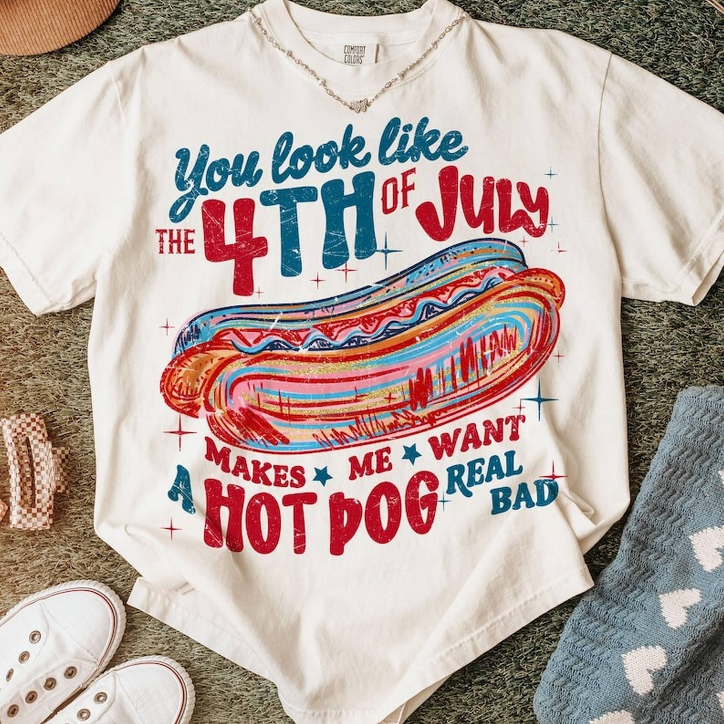 Black You Look Like the 4th of July Shirt, Retro America Hot dog for wholesale on Faire0