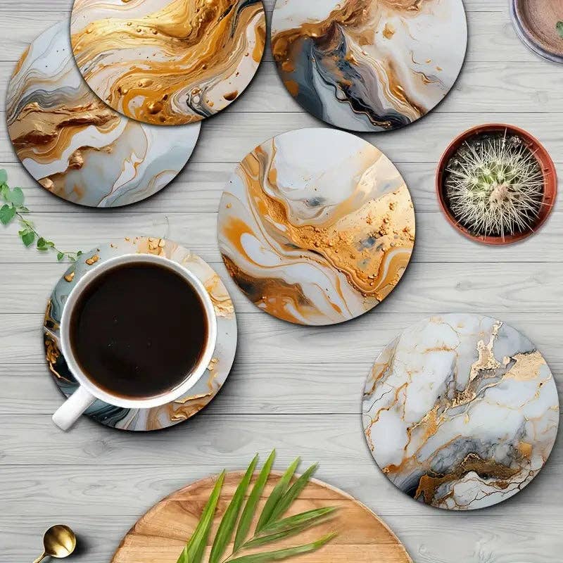 Huis Van Merken - Vente Sous-verre - Ensemble de 6 dessous de verre en bois imprimés marbre blanc et doré0