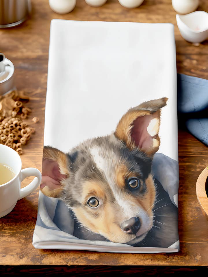 Dexter Hundegeschirrtuch, niedlicher Welpe in Decke für den Großhandel von Homemade Hollydays Wholesale