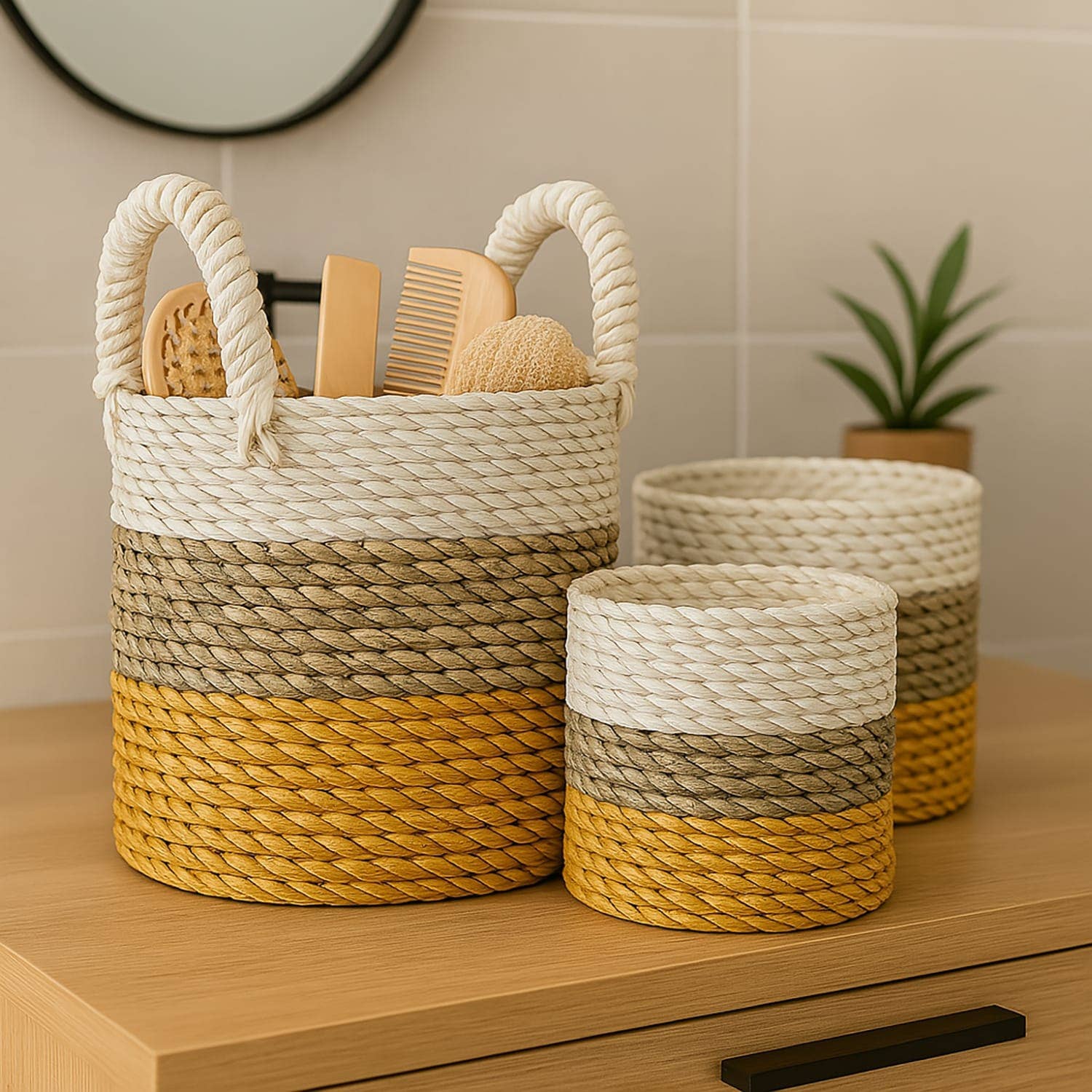 Etnico del Mondo - Wholesale Basket - Set of 3 Baskets in Algae with Handle Ø20/17/14 cm #11