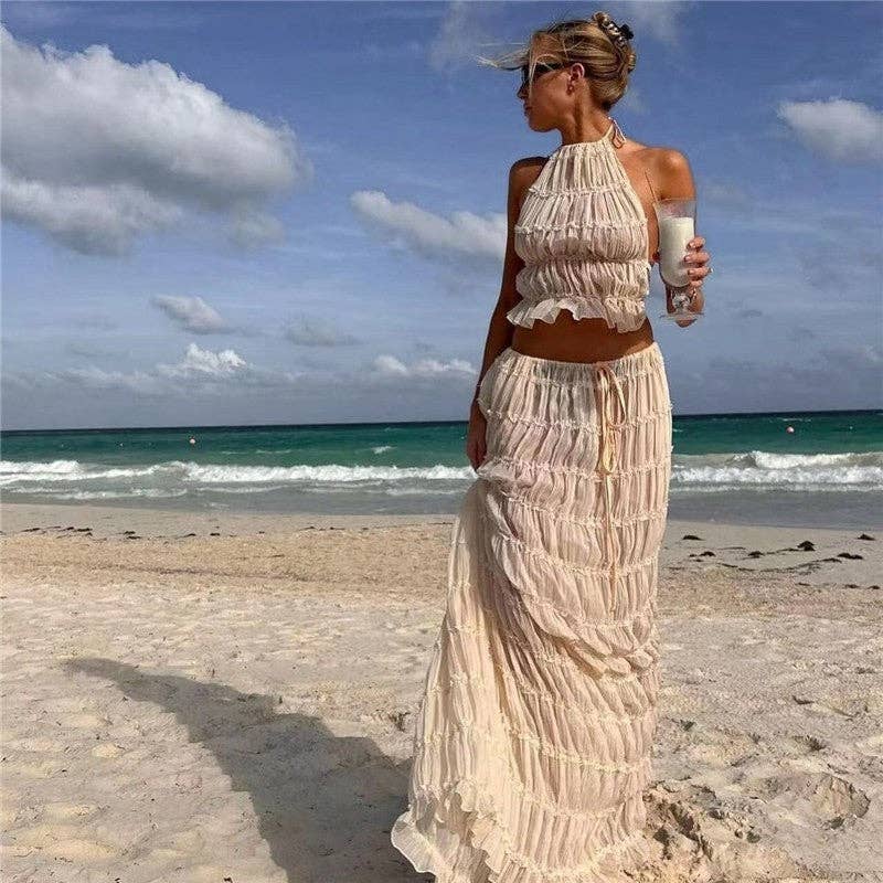 FurDecoration – wholesale Top & skirt set – Women's – Solid Color Backless Hanging Neck Halter Dress Set1