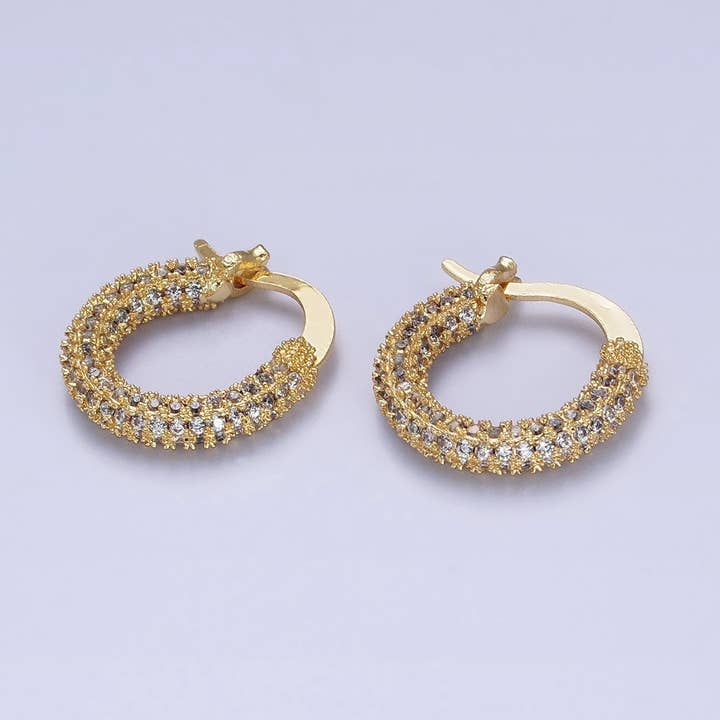 Pendientes de aro micropavimentados con circonita cúbica transparente, chapados en oro de 24 quilates, de 15,5 mm | AB383 para venta al por mayor de Aim Eternal