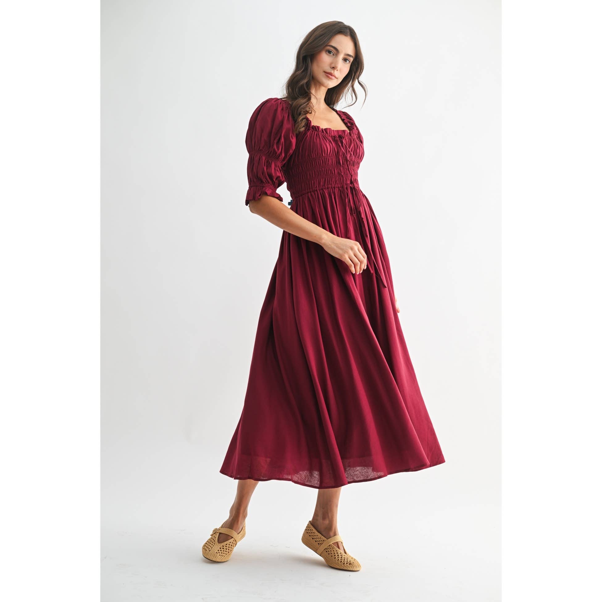 BURGUNDY OFF-SHOULDER SMOCKED MIDI DRESS WITH PLEATED SKIRT for wholesale on Faire5