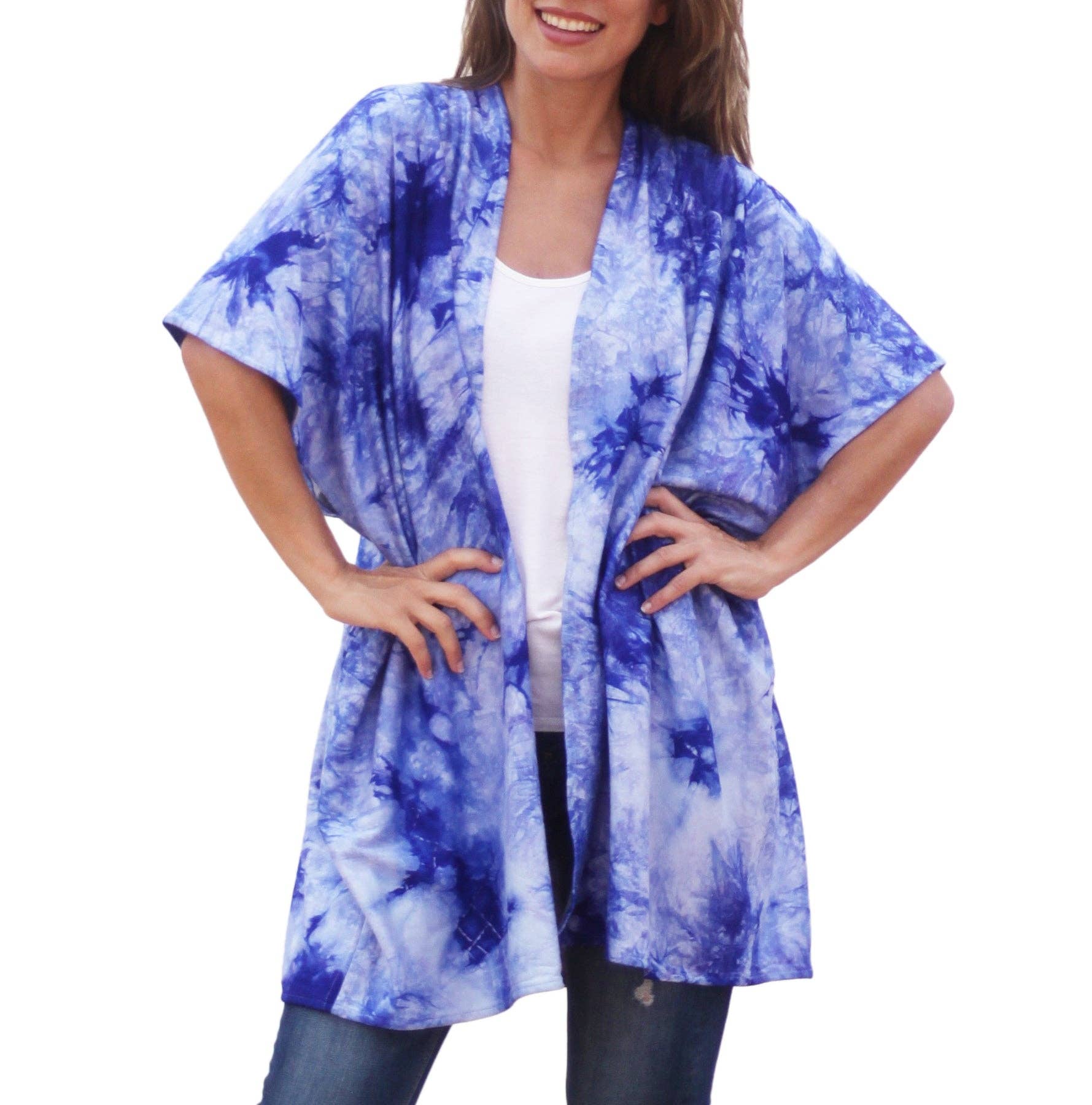 BRANDELIA - Vente Cardigan – femme - Gilet long ouvert pour femme à manches 3/4, motif batik bleu7