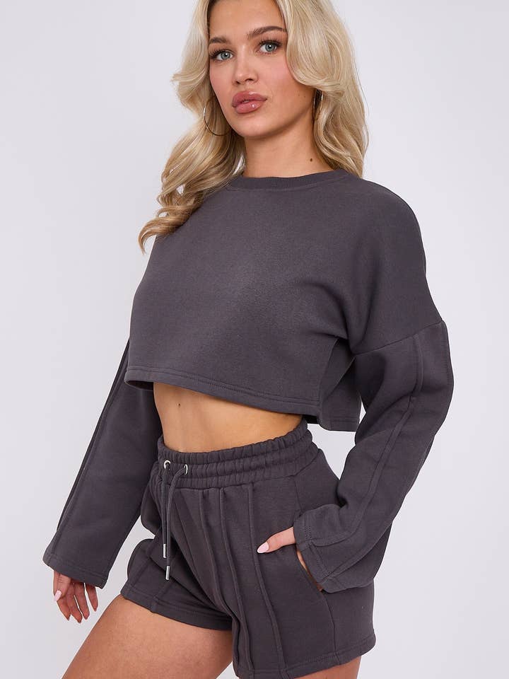 AX Labels - Wholesale Lounge Set - Women's - Seam Detail Oversized Crop Top & Shorts Fleece Co-ord14