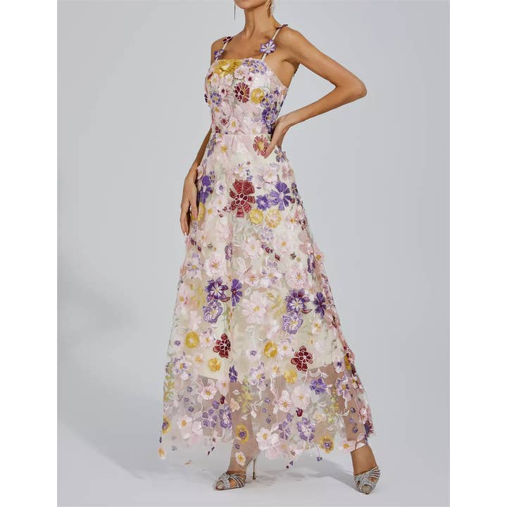 DR0225 3D Elegant Floral Embroidered Mesh Gown for wholesale by Productseeker