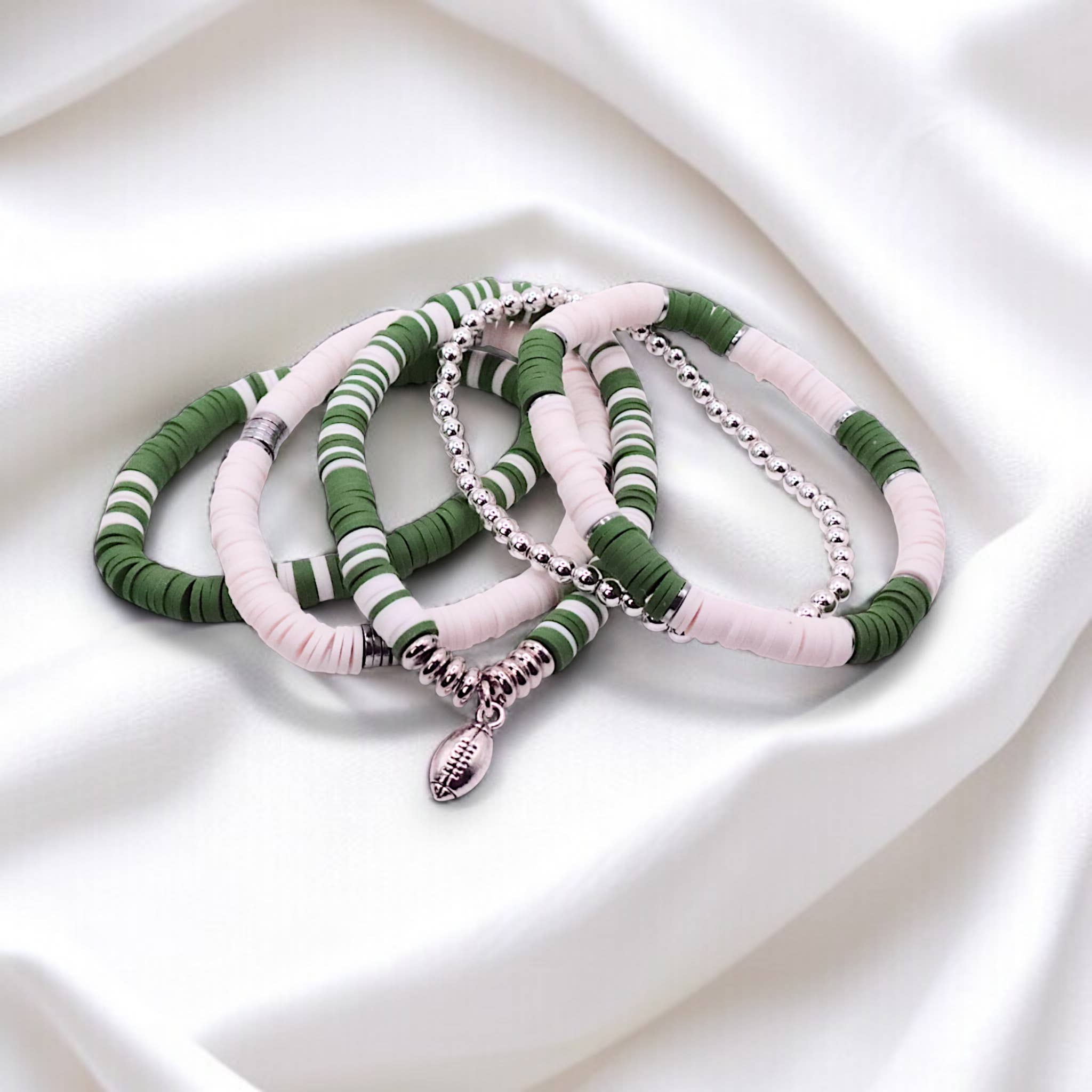 Fish Towne Designs, LLC - Wholesale Jewelry Set - Green and White Game Day Bracelet Stack1