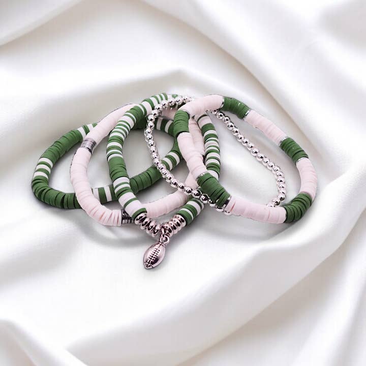 Fish Towne Designs, LLC - Wholesale Jewelry Set - Green and White Game Day Bracelet Stack1