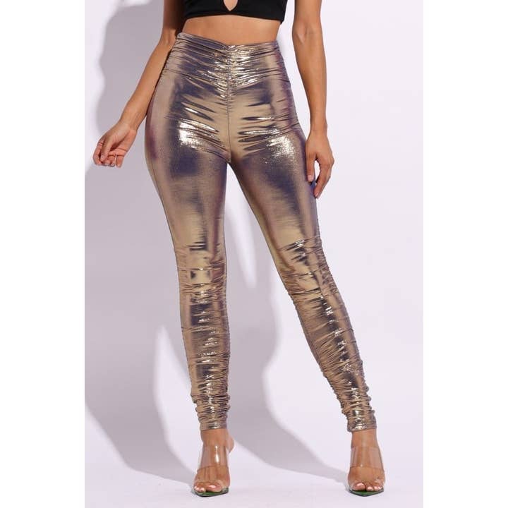 Metallic ruched leggings for wholesale by Black Pearl Clothing
