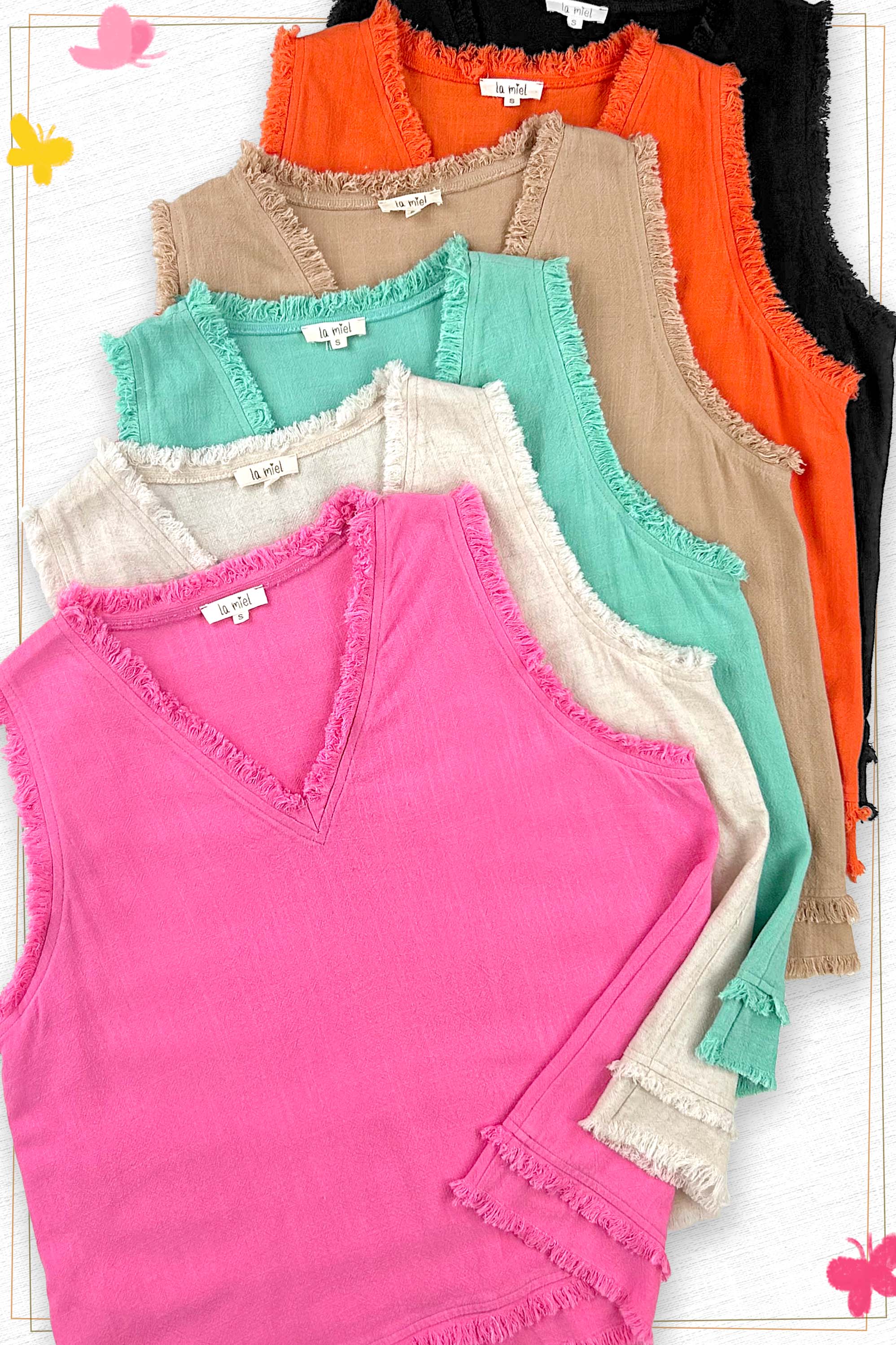 La Miel – wholesale Tank top – Women′s – HBT7635-Soft Washed Gauze Cut Edge Sleeveless V-neck Top19