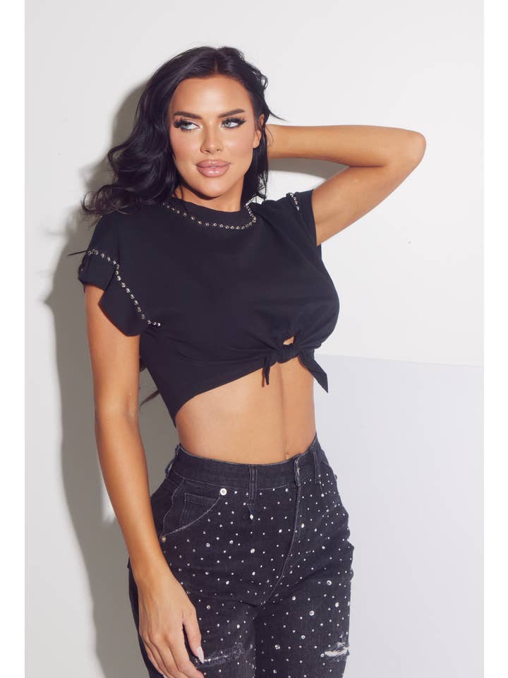 WFFS - Wholesale T-Shirt - Women's - Metallic Studded Tie-Waist Cotton-Blend T-Shirt
