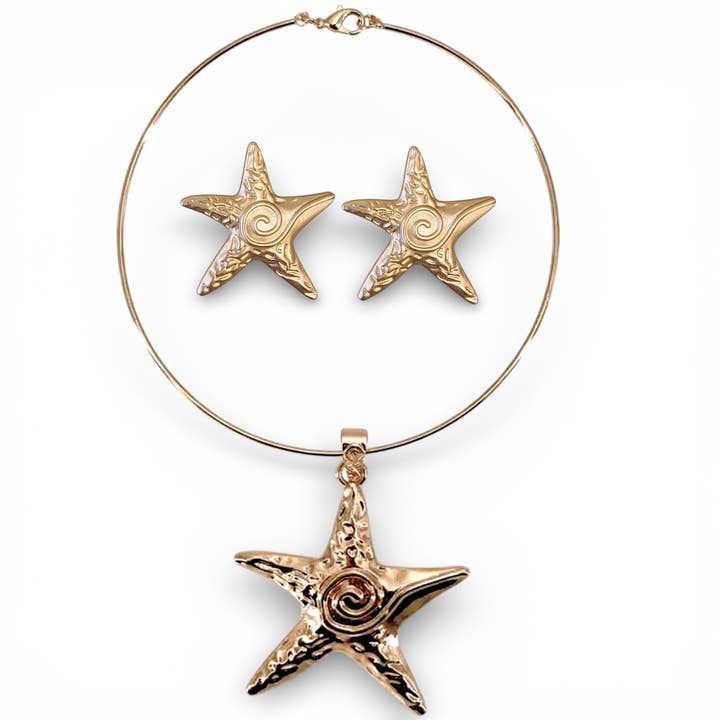 Vintage Gold Starfish Collar Necklace & Earrings Set | Beach for wholesale by Bijoux Envie Statement Jewelry
